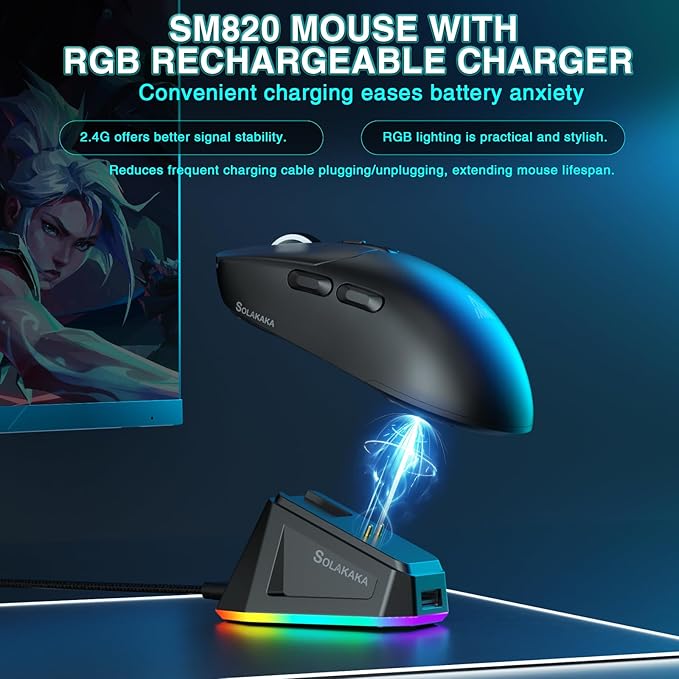 SOLAKAKA SM820 Wireless Gaming Mouse with RGB Charging Dock,24000 DPI Tri-Modes Wireless Mouse with 2 Side Buttons,Programmable Macro Mouse for Gaming(Black)