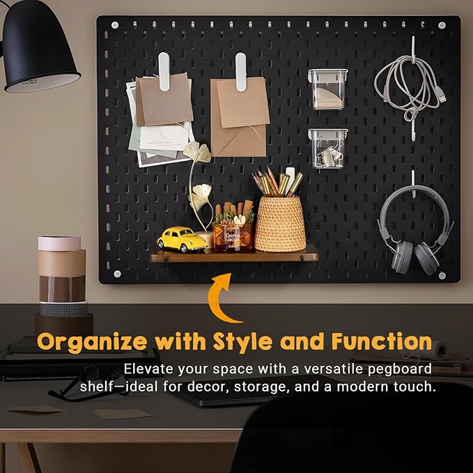 Walnut Color Pegboard Shelf, Pegboard Accessories, Wooden Pegboard Shelves with Pegboard Hooks, Compatible with IKEA Skadis Pegboard