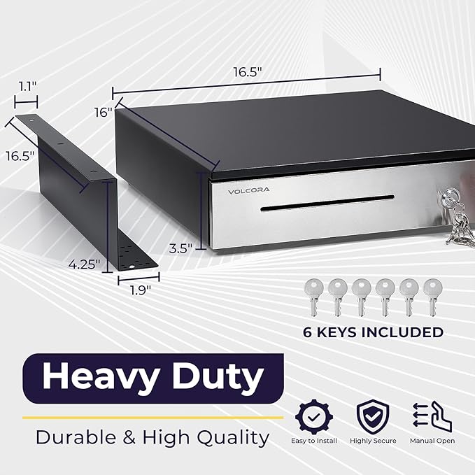 Manual Push Open Cash Register Drawer with Under Counter Mounting Metal Bracket - 16" Black/Stainless Steel Front Cash Drawer for POS, Partial Removable 5 Bill 8 Coin Tray, Key Lock, Media Slots
