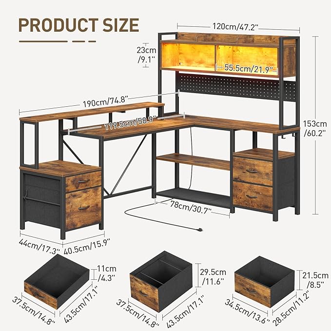 RALGEND 75inch L Shaped Computer Desk with Drawers, Large Gaming Desk with LED Light & Power Outlets, Corner Computer Desk with Storage Shelves & Monitor Stand for Home Office,Rustic Brown and Black
