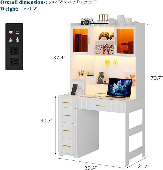 WOOVIVS LED Study Desk with Hutch and Drawer, Home Office Desk with Outlet, Computer Desk with Charging Station, Writing Desk for Bedroom, Workstation for Small Spaces (White)
