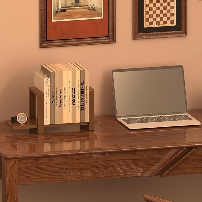 100% Solid Wood Adjustable Desktop Bookshelf, Retro Tabletop Bookshelf, Desk Shelf for Living Room, Home, Office, Perfect for Magazine, Books, Cookbooks, No Tools Required to Assemble (Walnut Brown)