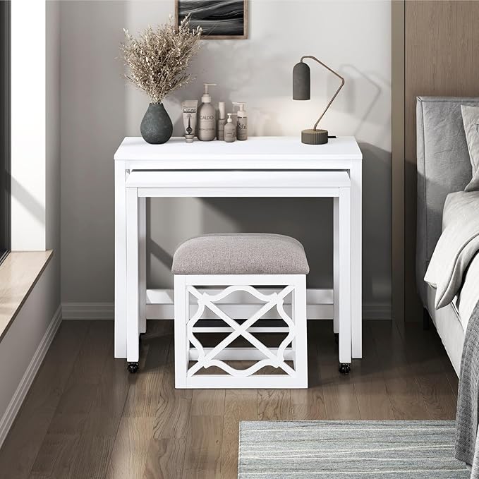 Desks and Stool Set 3pc White Finish Rolling Desk with Casters, 2 Charging Ports Home Office Furniture(White)