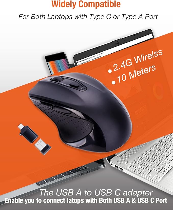 USB C Wireless Mouse, Large Size Ergonomic, Rechargeable Gaming and Office Mouse with 4 Level DPI Settings, 6 Buttons, for MacBook Pro, iPad Pro and Laptop Port,
