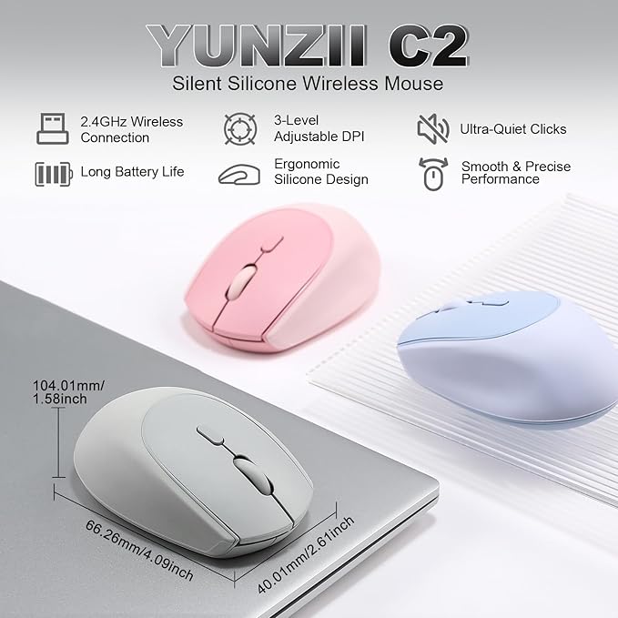 YUNZII C2 Wireless Mouse,2.4GHz Cute Silicone Noiseless Wireless Computer Mouse, Quiet Clicks, 3 Adjustable DPI, 1600 DPI Optical Tracking, Portable Ergonomic Mice for Laptop/PC/Mac (Gray)