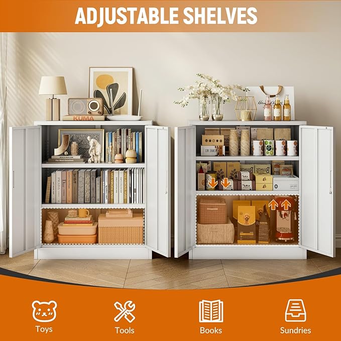 BESFUR Metal Garage Storage Cabinet with 2 Locking Doors and 2 Adjustable Shelves, 36" White Metal Short Storage Cabinet for Home Office, Garage,School,Utility Room