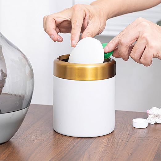 Mini Trash Container - Compact Garbage Bin, Tiny Rubbish Holder | Small Litter Basket, Sleek Circular Swing Cover Top, Durable 304 Steel Waste Compartment Decorative Piece Bathroom, Dorm, Car, Work De