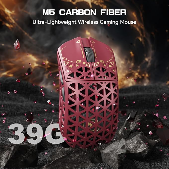 MAMBASNAKE M5 Ultra Carbon Fiber 8000Hz Wireless Gaming Mouse, 39g Superlight, 42000DPI, PAW3950MAX Sensor, Nordic 52840 Chip, Bluetooth/2.4G/USB-C Wired Mice with Coiled Cable for PC/Mac (Red)