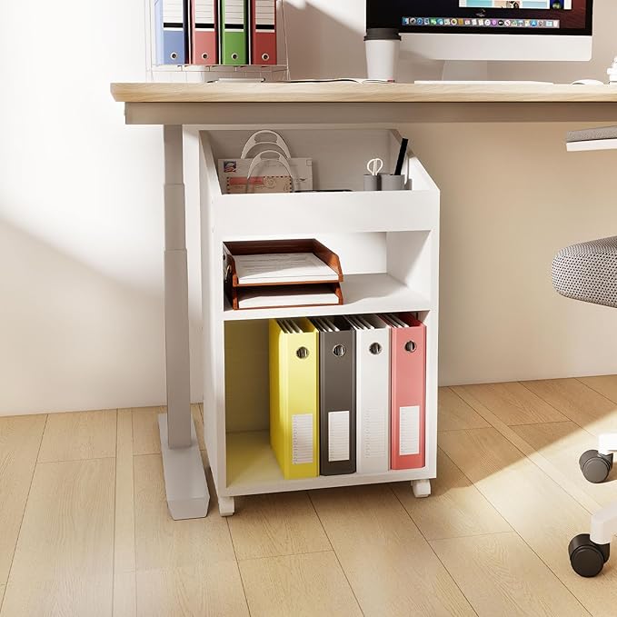 3-Tier Mobile Files Cabinet, Under Desk White Storage Organizer with Wheels for Home Office (White)