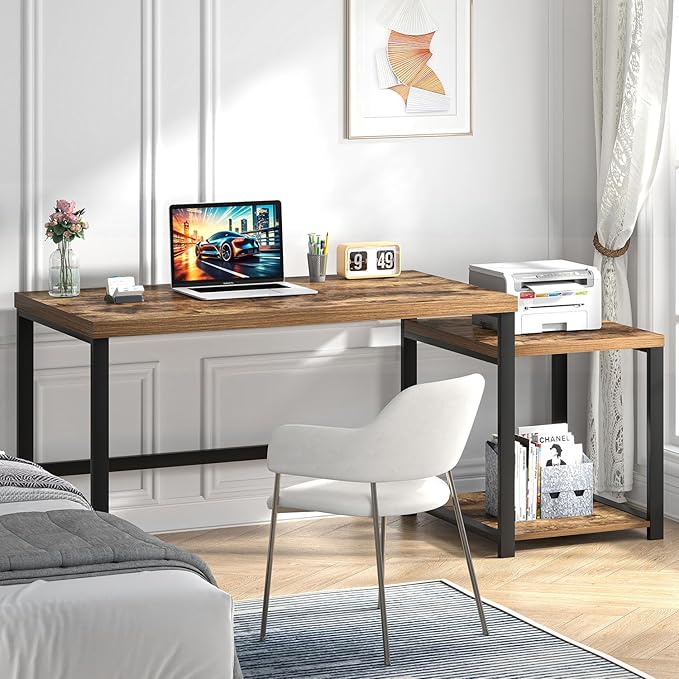 FOLUBAN Large Computer Desk for Home Office with Printer Space, Wood Study Gaming Workstation Table with Storage Shelves, Long Writing Desk for Bedroom Living Room, Rustic Brown, 63 Inch