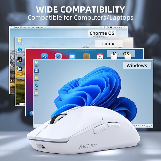 A.JAZZ NJ07 Wireless Mouse,67g Ultra-Lightweight,3-Mode 2.4G/Bluetooth/USB-C, 6 Adjustable DPI up to 12800, 1000Hz Optical Sensor, Ergonomic Design Long Battery Life, Compatible with PC & Mac-White