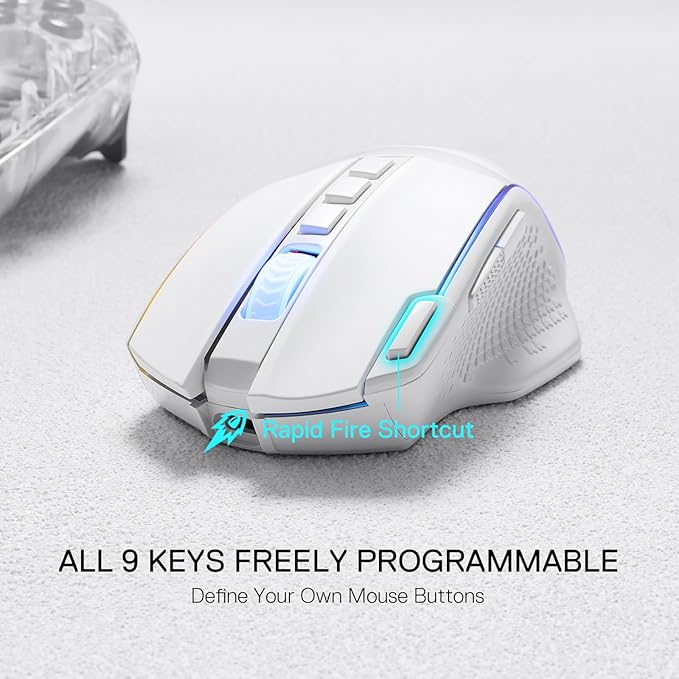 Redragon M991 Wireless Gaming Mouse, 26000 DPI 3-Mode Gamer Mice w/Rapid Fire Key, 9 Macro Buttons, Powerful Capacity and RGB Backlight for PC/Mac/Laptop, White