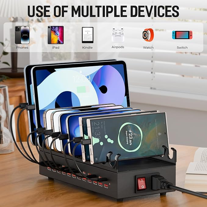 300W Charging Station for Multiple Devices, 24 Ports USB Fast Charging Station, Charger Station Organizer Compatible with Kindle, Phone, Tablet, iPad, Charger Station for Home, Office, School