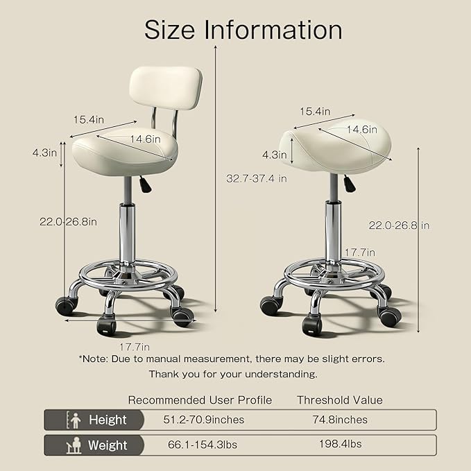 Saddle Stool, Adjustable Height Ergonomic Swivel Chair with Wheels, PU Leather Saddle Seat with Ring Pedal for Salon, Massage, Clinic, Lab, and Office