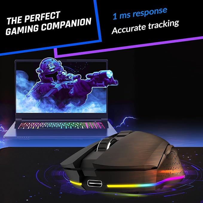 KLIM Blaze Rechargeable Wireless Gaming Mouse RGB Precision Sensor and Long-Lasting Battery - 7 Customizable Buttons - Up to 6000 DPI - Wired & Wireless Mouse for PC Mac & PS4 PS5 - Black