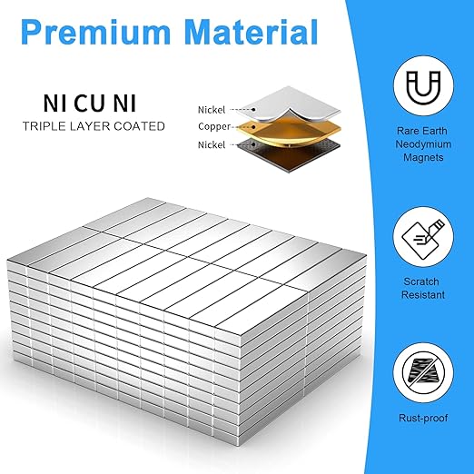 200 Pack 20x5x2 mm Rare Earth Neodymium Magnets, Powerful Small Strong Metal Rectangular Bar Magnetic Strip Magnet for Fridge Garage Kitchen Science Craft Office, Silver