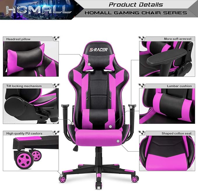 Homall Gaming Chair, Office Chair High Back Computer Chair Leather Desk Chair Racing Executive Ergonomic Adjustable Swivel Task Chair with Headrest and Lumbar Support (Violet)