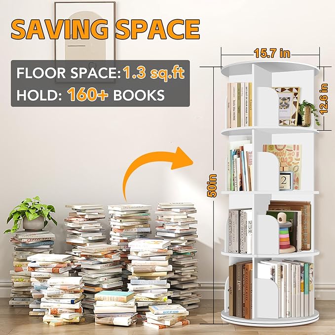 RUNSUNSPRI 4 Tier Rotating Bookshelf Tower, Spinning Bookshelf, Revolving 360° Bookcase Storage Round Carousel, Vertical Rotate Turning Spiral Corner Organizer Lazy Susan, White
