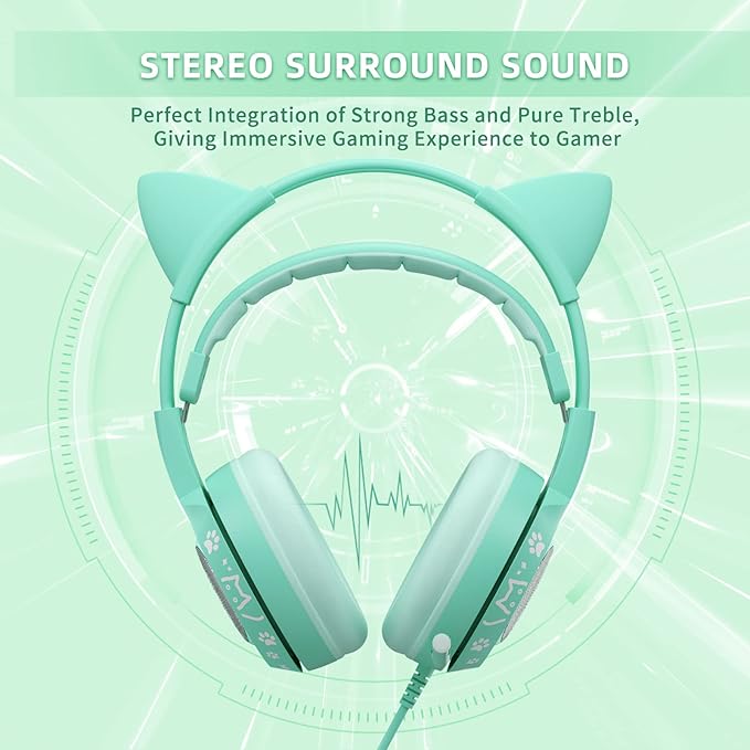 SOMIC G951S Green Gaming Headset with Microphone for PS4, PS5, Xbox One, PC, Cat Ear Headphones Over Ear with in-Line Mic Control, Stereo Sound for Girls, Woman