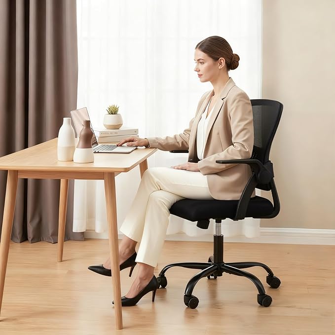 DUMOS Home Office Computer Chair - Ergonomic Mid Back Desk with Lumbar Support and Rocking Mode, Height Adjustable with Flip-up Armrest, for Conference Meeting Room, 360° Swivel, Adults, Black
