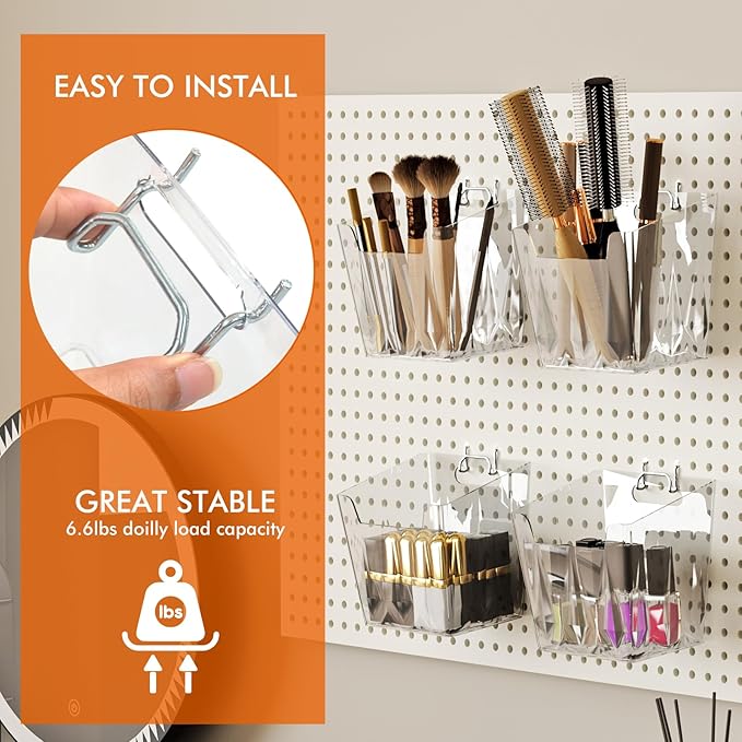 LIGHT DUST Clear Pegboard Cups with Hooks, 1/8" & 1/4" Peg Board Orangizer Accessories Aesthetic Decoration for Garage Workbench Craft Room Office Playroom Organization (4, Medium)