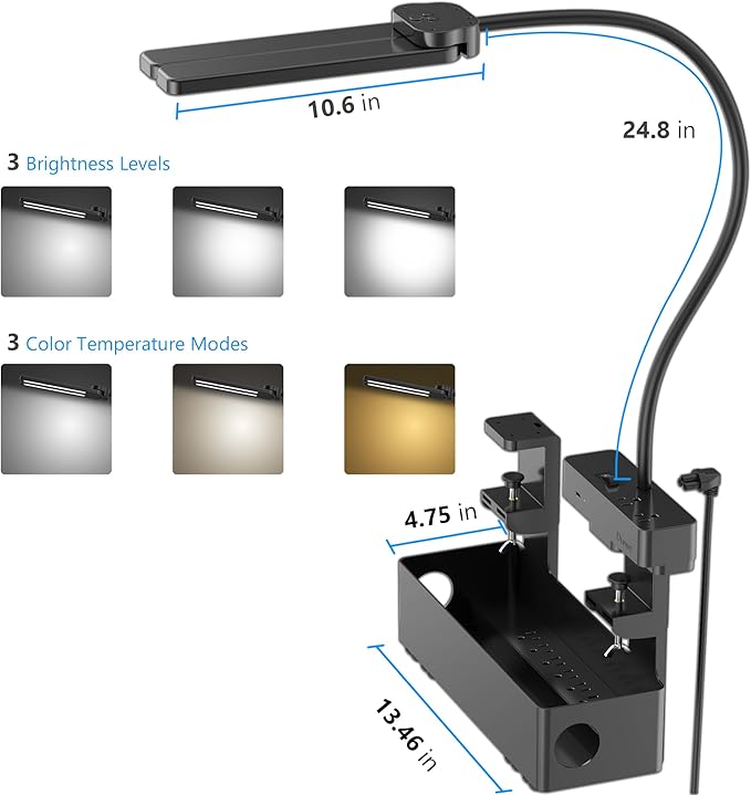 Drevet LED Desk Lamp for Home Office with Cable Management Tray, Eye-Caring Clip-On Desk Light with Flexible Gooseneck, 2+6AC&1USB-C Charging Port, 3 Brightness & 3 Color Modes, Eye-Caring Table Lamp