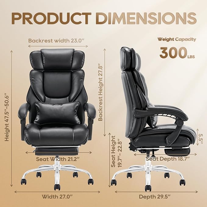 COLAMY Office Chair with Retractable Footrest, Ergonomic High Back Design Executive Computer Desk Chair with Removable Lumbar Pillow, 90-135°Reclining, Thick Bonded Leather for Home Office Work, Black
