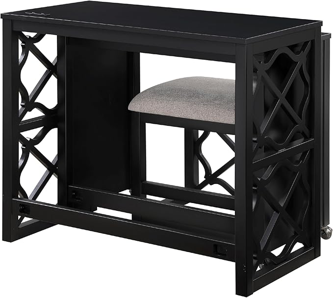 Benzara Syna 3 Piece Nesting Desk and Stool Set, Black Wood, Gray Polyester