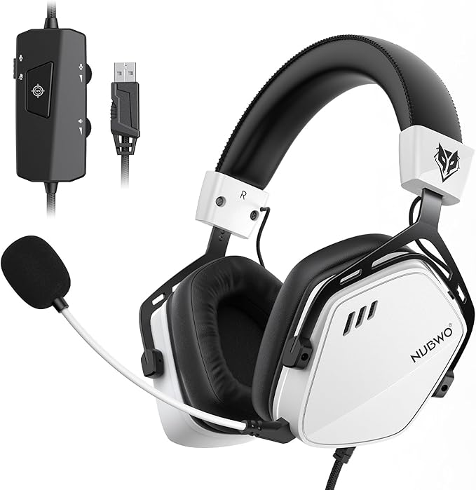 NUBWO HG03 Wired USB-A Gaming Headset for PC, Computer Headset with 7.1 Surround Sound, Noise Canceling Mic, 50MM Driver, Wired Headphones for PC, Laptop, Office - White