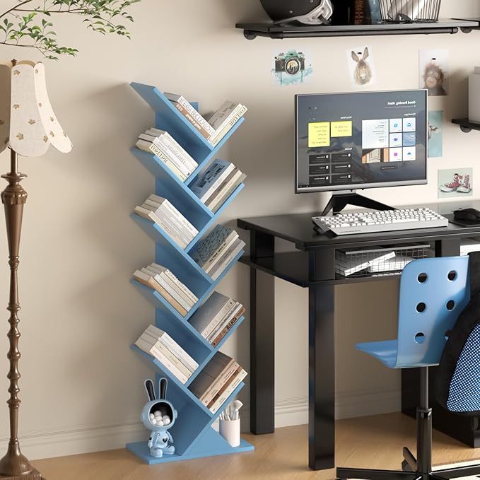 SHEEPAM 10 Tier Tree Book Shelf, Floor Standing Wood Bookshelf for Narrow Space, Storage Organizer Bookshelves for Books/CDs/Magazine, Bookcase with Shelves for Home Office, Living Room - Pure Blue