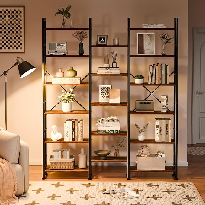 Furologee Triple 6 Tier Bookshelf, Bookcase with 17 Open Display Shelves, Wood and Metal Shelf Storage Organizer,Industrial Wide Shelving Unit for Living Room,Home Office,Rustic Brown
