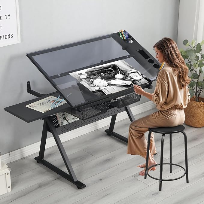 Drafting Table for Artists, Height Adjustable Glass Drawing Table with Stool, Ergonomic Art Table with 0-75° Tilting Tabletop and More Storage for Home Office, Type 1-Black