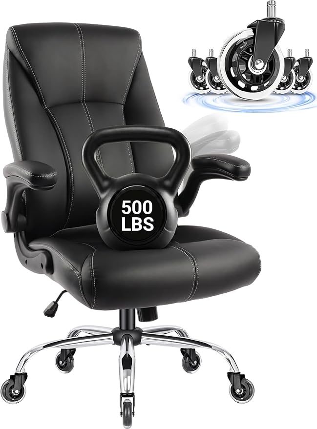 Big and Tall Office Chair for Heavy People, 500LBS High Back Extra Wide Executive PU Leather Office Chair with Flip-Up Armrests, Quiet Rubber Wheels, Comfortable Home Office Desk Chair (Black)
