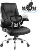 Big and Tall Office Chair for Heavy People, 500LBS High Back Extra Wide Executive PU Leather Office Chair with Flip-Up Armrests, Quiet Rubber Wheels, Comfortable Home Office Desk Chair (Black)