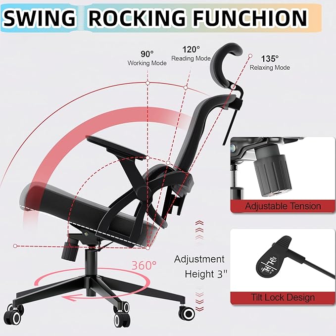 Ergonomic Office Chair - 350LB Comfy Desk Chairs with Adjustable Headrest and Lumbar Back Support, Mesh Computer Chairs with Wheels and Arms for Home Office, Study