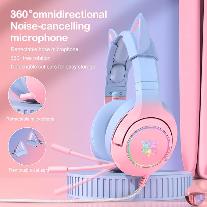 PHNIXGAM Gaming Headset for PS4, PS5, Cat Ear Headphones with Retractable Microphone, RGB Backlight, Surround Sound for PC, Mobile Phone, Gradient Pink Blue