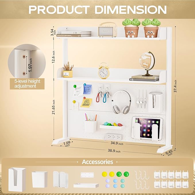 Adjustable Desktop Hutch Bookshelf, Desk Shelf Organizer with Pegboard and Thickened Metal Frame, 2 Tier Display Rack, Countertop Storage, Wood Bookcase for Home, Dorm or Office, White, 38.9" W