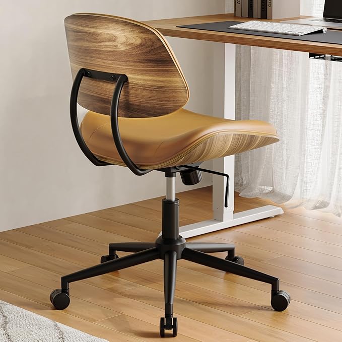 Armless Office Chair with Wheels, PU Leather Adjustable Height Desk Chair, 360° Swivel Ergonomic Computer Chair for Small Space, Modern Walnut Style, Home Office & Meeting Room, Brown