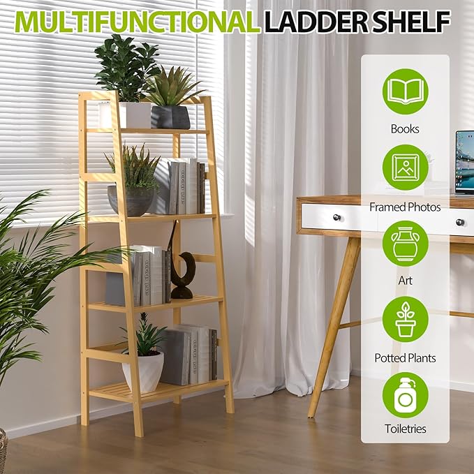 Bamboo Bookshelf, 4-Tier Ladder Shelf Freestanding Space Saver Open Bookcase Book Shelf, Bamboo Storage Shelving Unit Flower Plant Stand for Living Room, Bathroom, Home Office, Natural