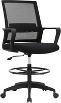 BestOffice Drafting Chair Tall Office Chair Adjustable Swivel Rolling Mesh Height with Lumbar Support Arms Footrest Mid Back for Adults Standing Desk Drafting Stool(Black)