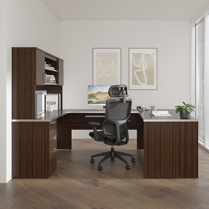 Bestar, Ridgeley Collection, Modern Executive Computer Desk with Pedestal and Hutch