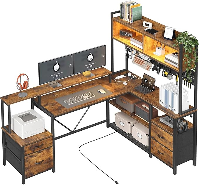 RALGEND 75inch L Shaped Computer Desk with Drawers, Large Gaming Desk with LED Light & Power Outlets, Corner Computer Desk with Storage Shelves & Monitor Stand for Home Office,Rustic Brown and Black