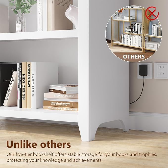 Arch Bookcase - 5 Tiers Bookshelf with 3 Colors LED Sensor Lights and Thickened Wooden Design Display Shelf for Lego Books Bathroom Living Room - Ideal Gift (White)