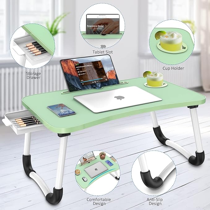 Fayquaze Portable Foldable Laptop Bed Desk with Storage Drawer and Cup Holder - Lap Desk Laptop Stand Tray Table for Eating, Reading and Working