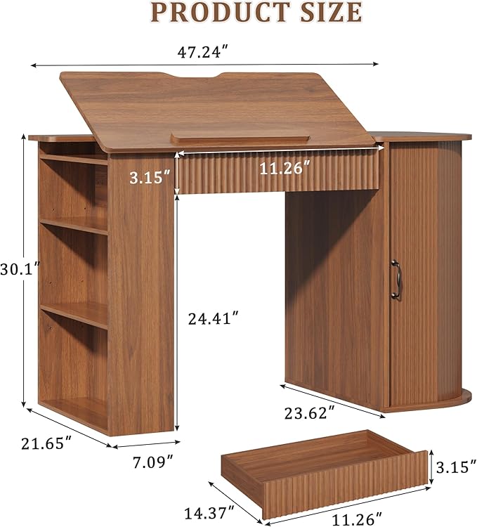 Drafting Table with Storage Cabinet & Drawers, Crafting Table with Open Shelves, Fluted Drawing Desk Computer Desk for Artists, Painters, Drawing, Crafting, Reading, Writing, Working