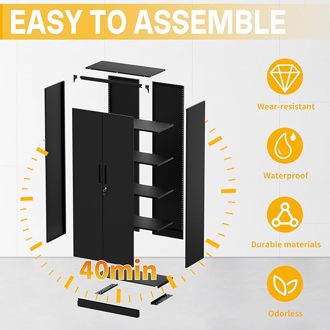 Metal Storage Cabinet with Wheels, 74.5" Garage Storage Cabinet with 4 Adjustable Shelves & Lockable Doors, Heavy Duty Garage Cabinets for Office, Home, Garage, Gym, School
