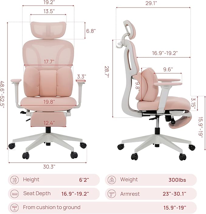 CabLady S1 Petite Ergonomic Home Desk Chair with Footrest and Headrest, High Back Fixed Lumbar Support with Detachable Pillow, Reclining Cute Office Chair for Women & Girls, 300 LBS Capacity