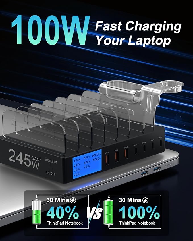Charging Station for Multiple Devices, slitinto 245W 7-Port USB C Fast Charger Stations for MacBook, iPhone, iPad, Tablet, Family Multi Device Organizer with LCD Display, Black