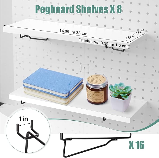 Qunclay 8 Pack Pegboard Shelf Set Wooden Shelves with Metal Brackets Hook Wall Pegboard Shelving Heavy Duty Accessories for Crafts Home Office Garage Workbench(White)