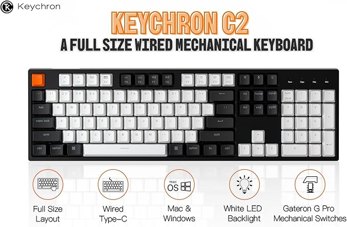 Keychron C2 Full Size 104 Keys Wired Mechanical Gaming Keyboard for Mac Layout with Gateron G Pro Red Switch/White LED Backlight/Double Shot ABS Keycaps/USB C Computer Keyboard for Windows Laptop